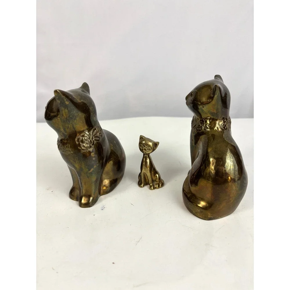 Vintage‎ Brass Cat Figurine Set Mid Century Style Kitty Family Decor Lot of 3